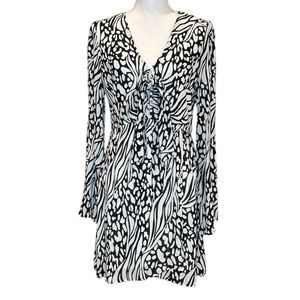 Topshop Animal Print Tie Knot Front Faux Wrap  Long Flare Sleeves Mini Size US6